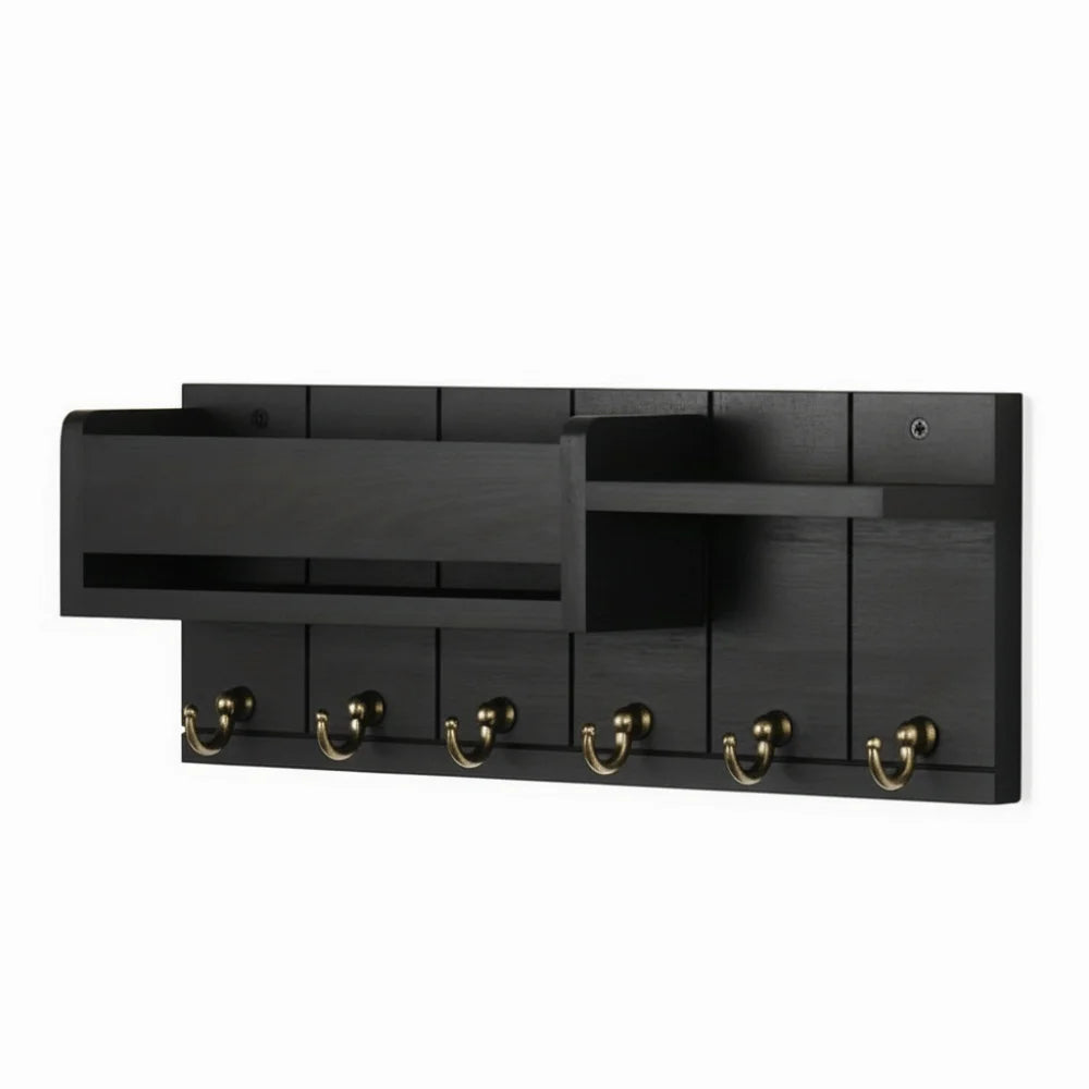 A black wooden key holder with six hooks and a mail sorter slot.