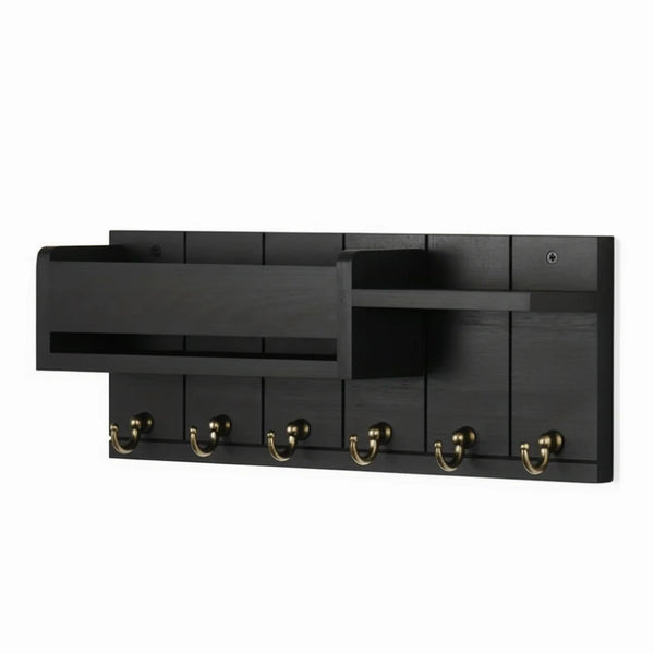 A black wooden key holder with six hooks and a mail sorter slot.
