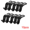 A set of ten black car headrest hooks designed for bag storage.