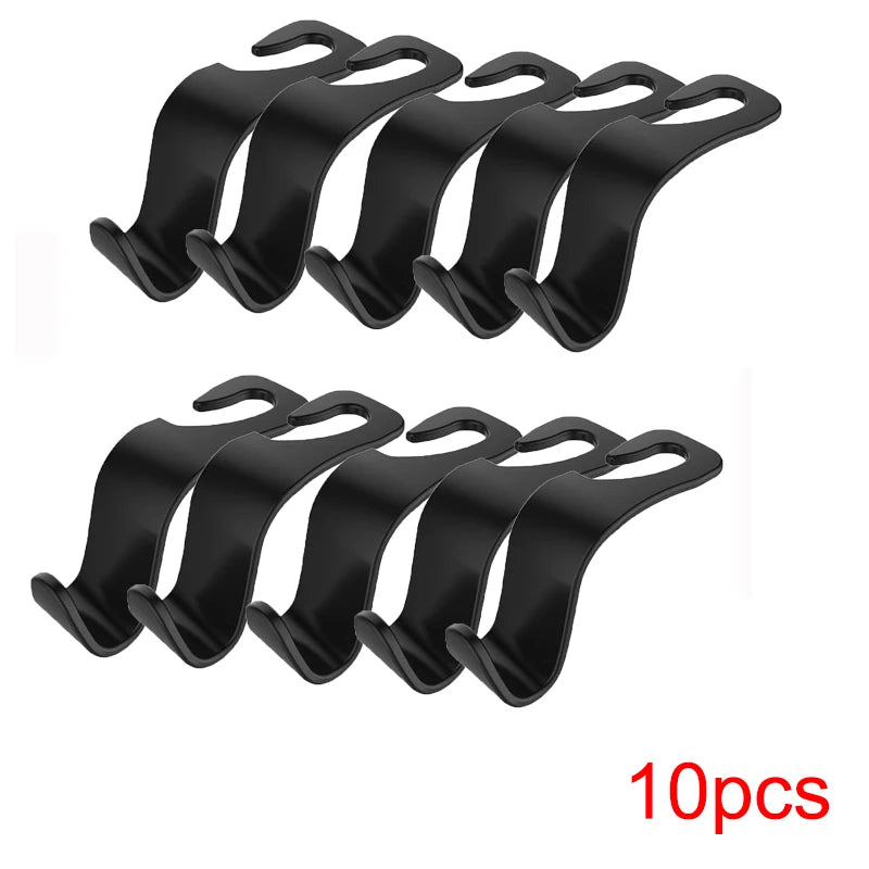 A set of ten black car headrest hooks designed for bag storage.
