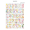 A grid of 30 temporary waterproof body art stickers featuring various cute and colorful designs for skin decoration.