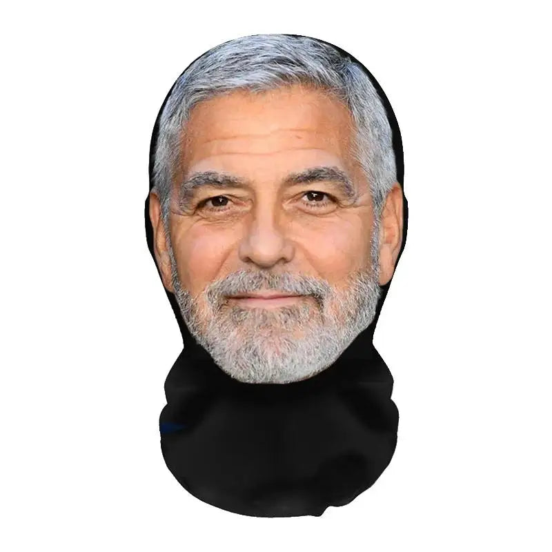 A realistic 3D printed horror balaclava mask worn by a man with graying hair and a beard.