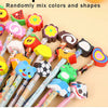 A collection of 12 cartoon animal pencils with various colored eraser tops and shapes.