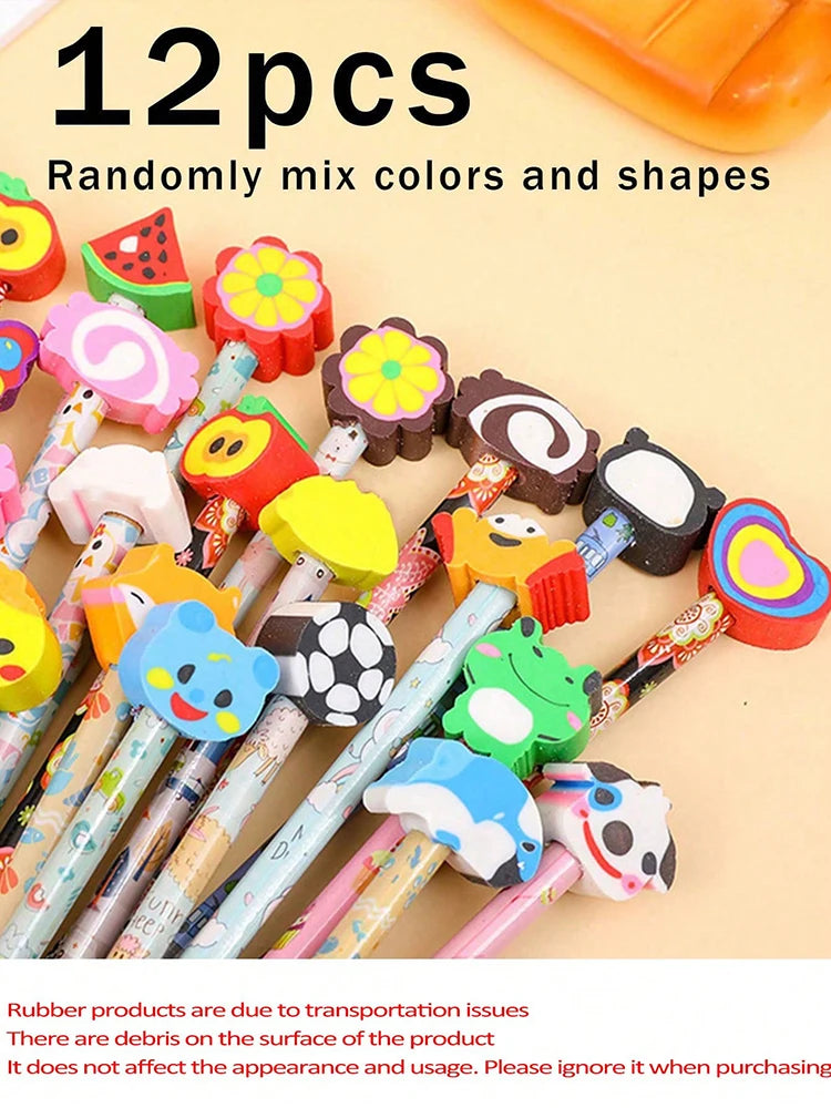 A collection of 12 cartoon animal pencils with various colored eraser tops and shapes.