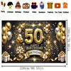 A large gold and black banner design for a 50th birthday celebration featuring balloons, confetti, and decorative elements.