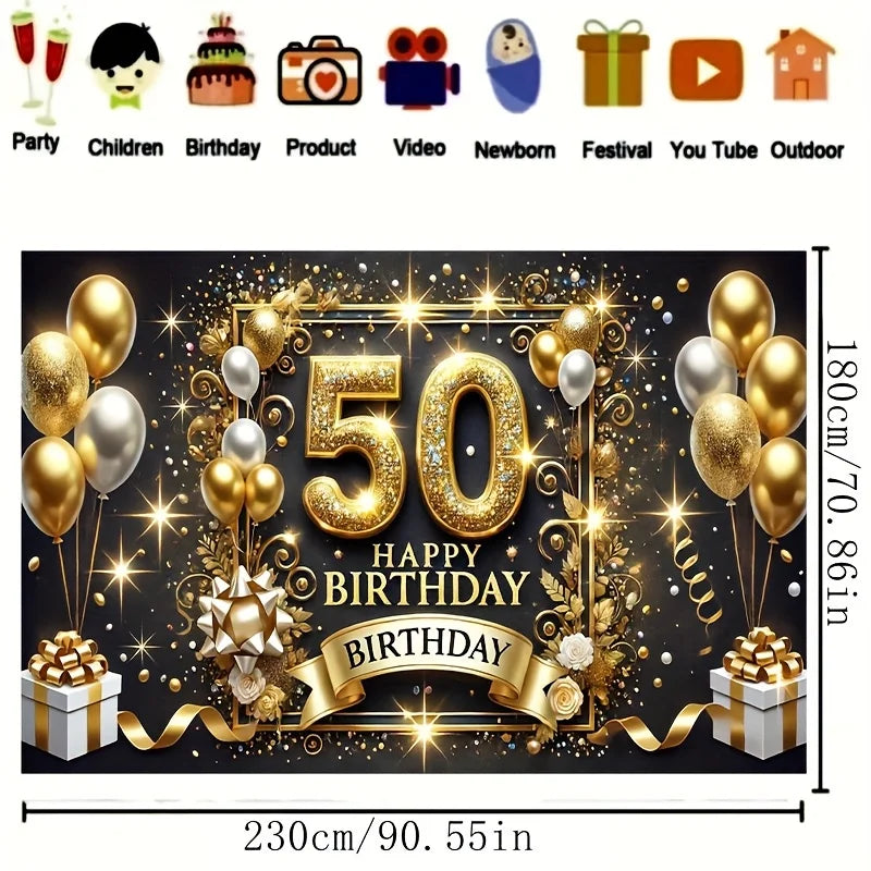 A large gold and black banner design for a 50th birthday celebration featuring balloons, confetti, and decorative elements.