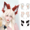 A woman wearing a long blonde wig with large fox ears and tail accessories, shown alongside separate faux fur ear pieces.