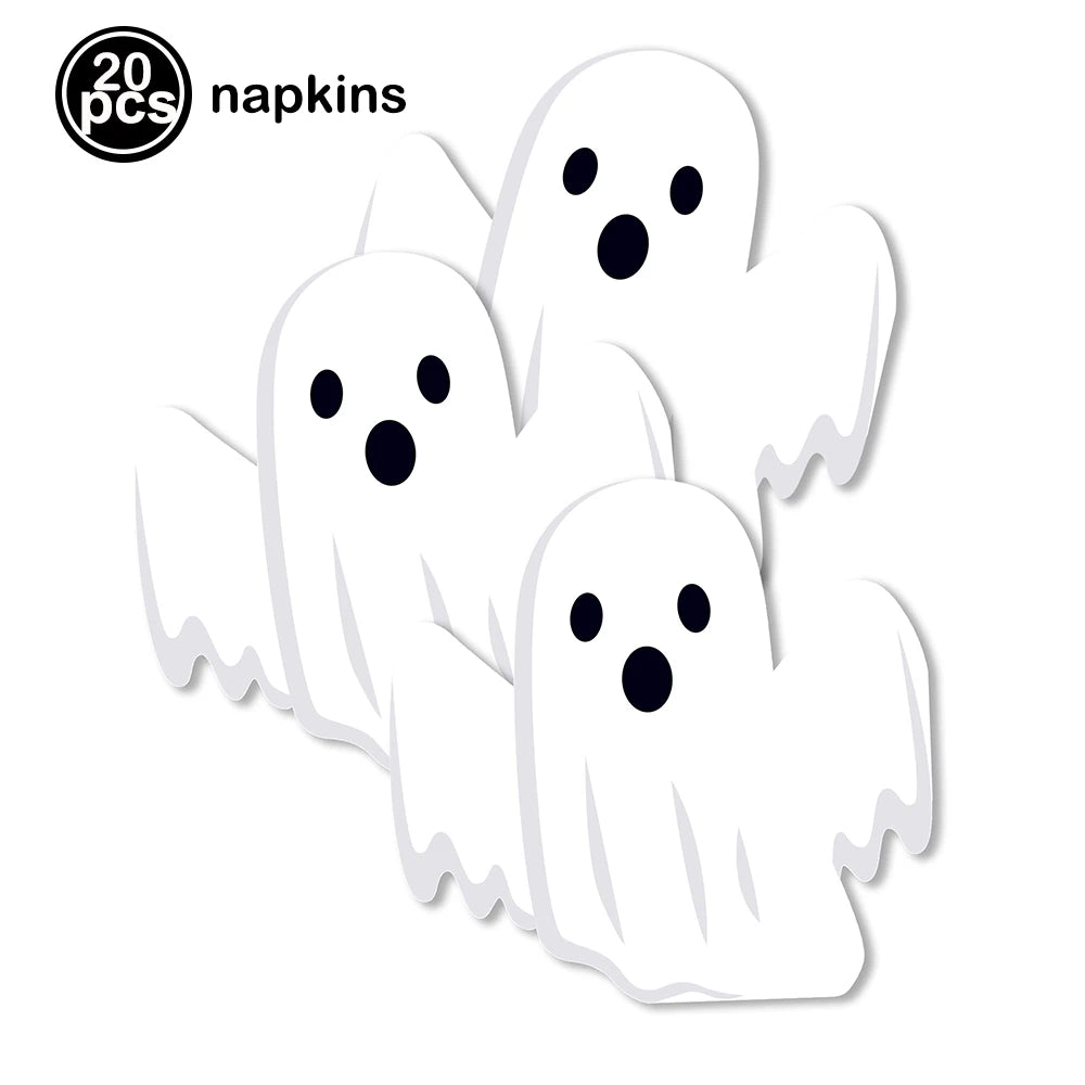 A set of twenty white ghost napkins for a Halloween party.