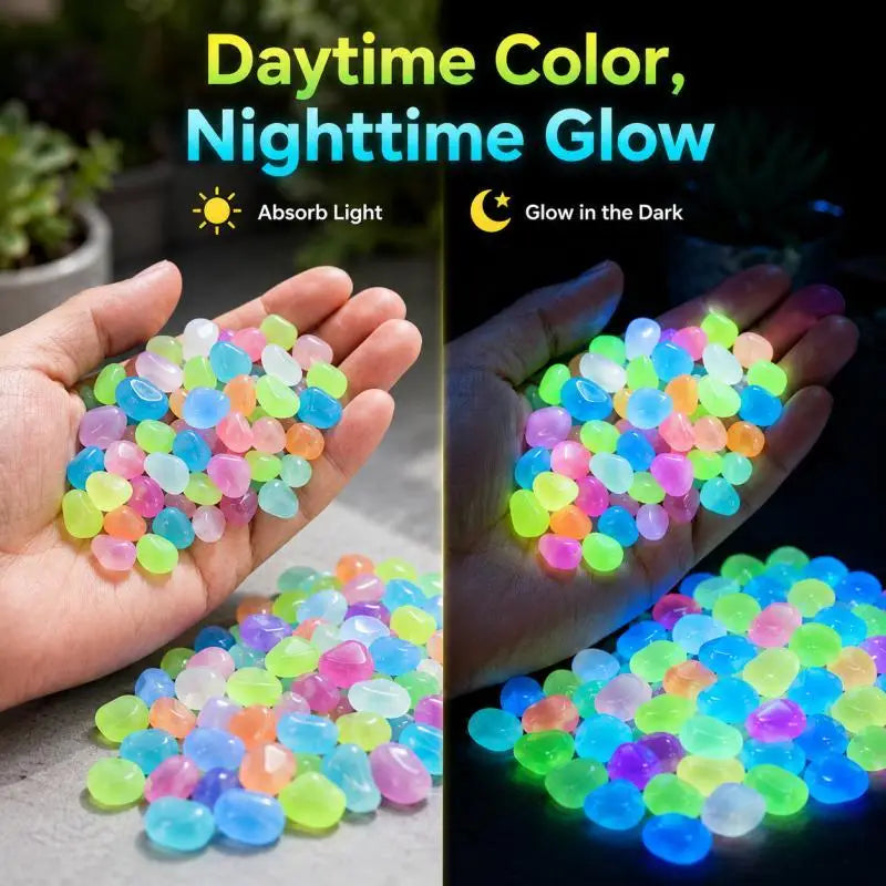Hands display glow-in-the-dark luminous pebbles under light, showing daytime color and nighttime glow.