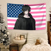 Anime theme tapestry featuring a character in a black hoodie against an American flag background