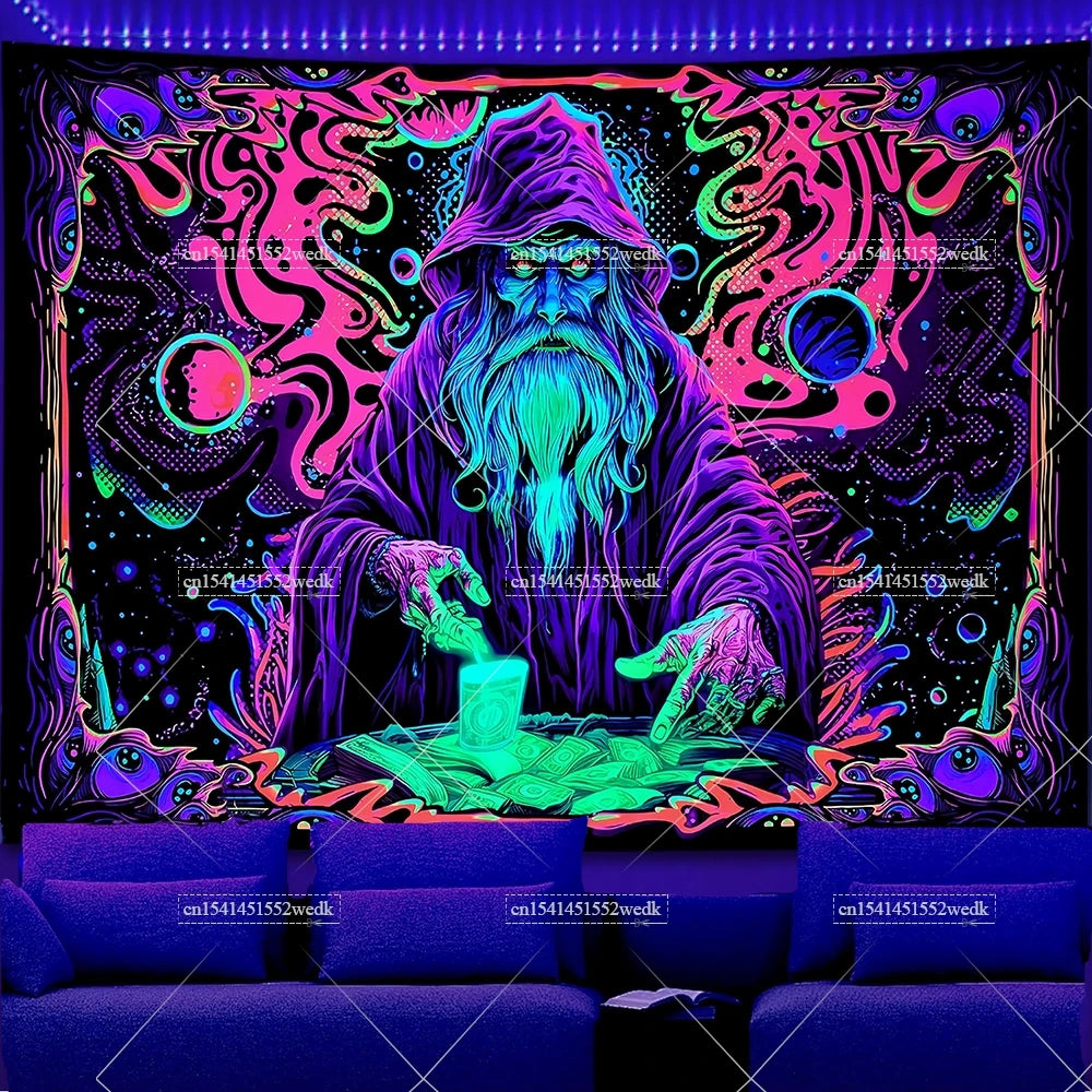 A dark tapestry featuring a bearded wizard figure surrounded by vibrant, glowing neon-like patterns and jellyfish motifs.