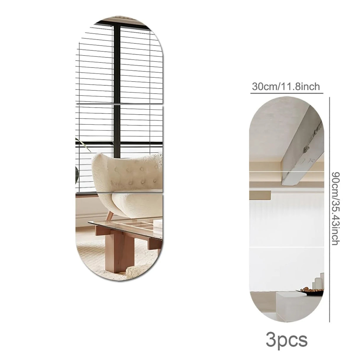 Acrylic mirror wall stickers showing a modern interior with a window, light wood furniture, and a beige upholstered chair.