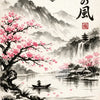 A traditional Japanese ink painting featuring pink cherry blossoms and a waterfall over misty mountains reflected in water.