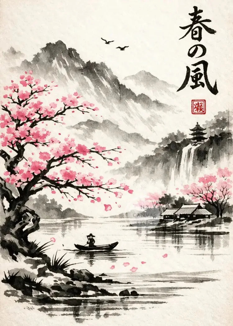 A traditional Japanese ink painting featuring pink cherry blossoms and a waterfall over misty mountains reflected in water.