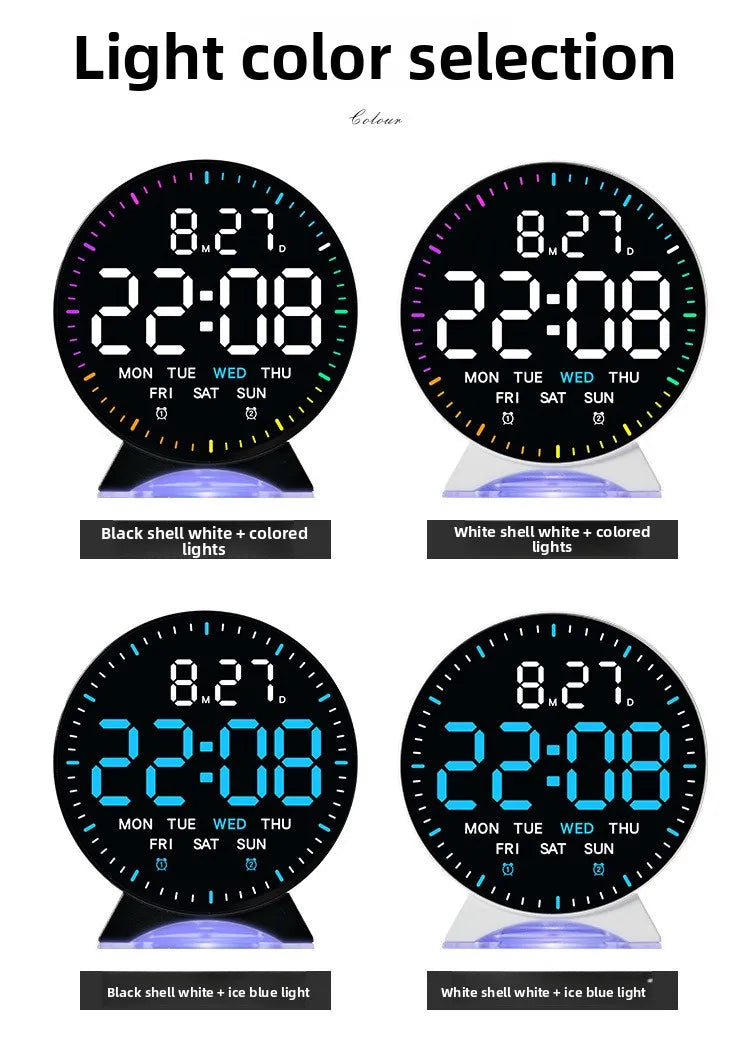 LED ambient light alarm clock showing 22:08 with jumping seconds display in black and white color options