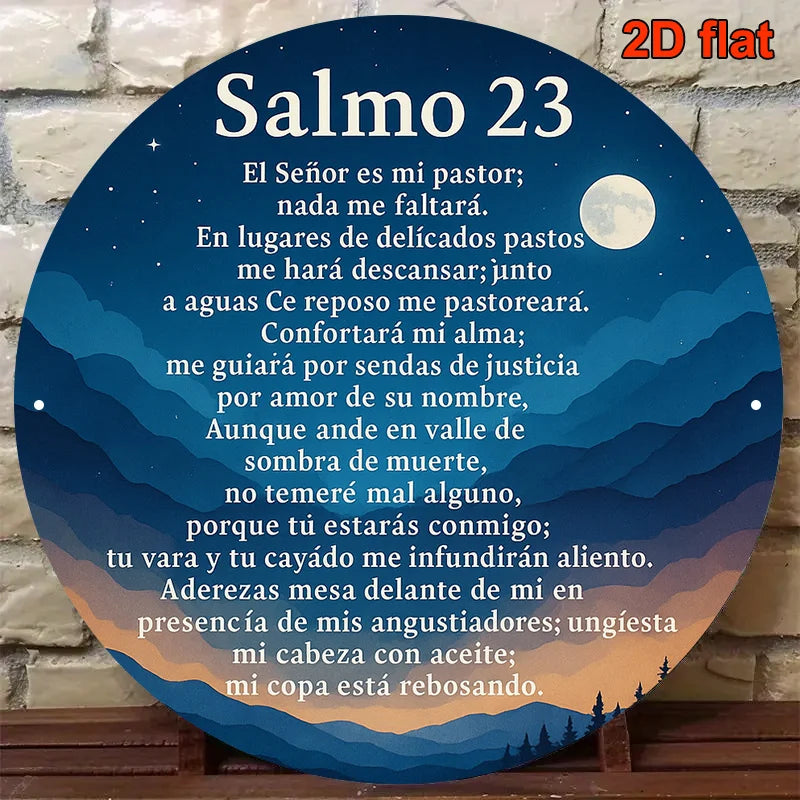 Metal wall art featuring Psalm 23 text with a blue and purple gradient background and a white moon.