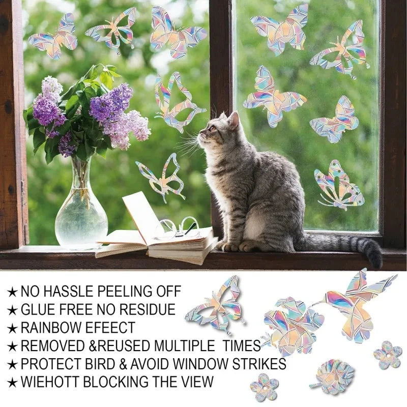 Rainbow Suncatcher window stickers featuring cat and butterfly designs on a window pane