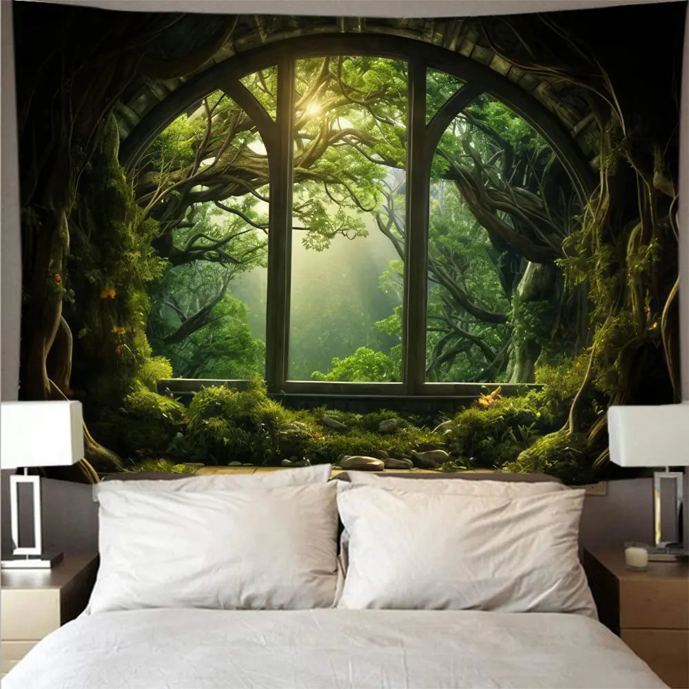 A tapestry wall hanging depicting a lush, mossy forest scene viewed through an arched window.