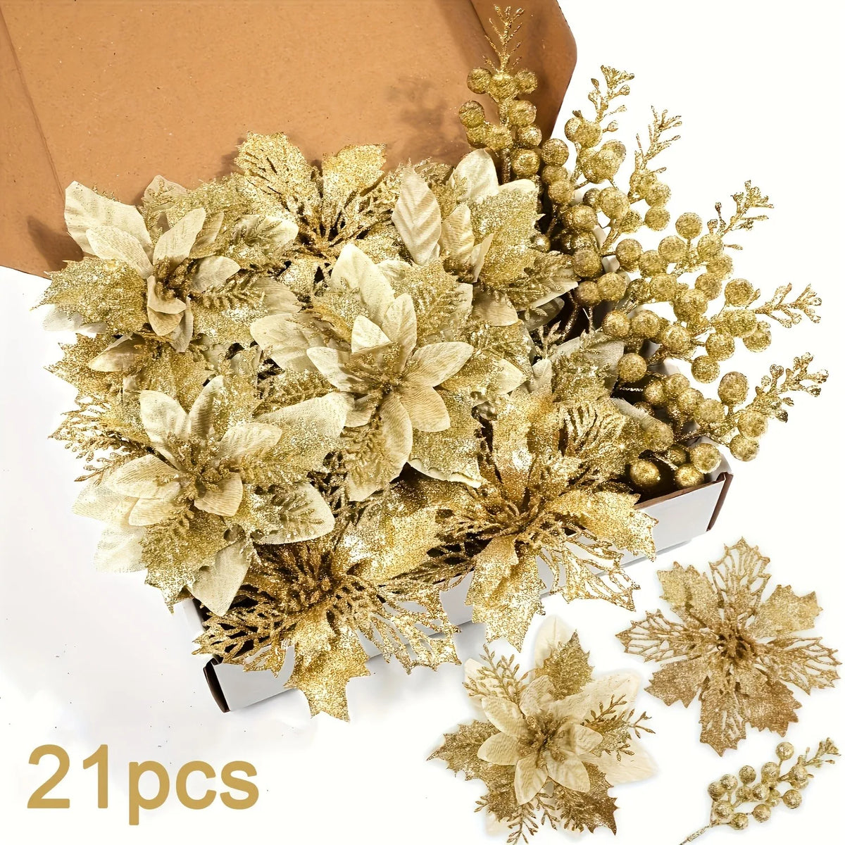 A bouquet of artificial gold and cream berries and flowers displayed in a cardboard box.