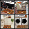 A collection of vintage harvest pumpkin maple leaf doormats and entryway rugs displayed in various settings.