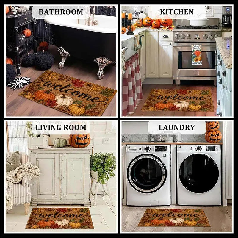 A collection of vintage harvest pumpkin maple leaf doormats and entryway rugs displayed in various settings.