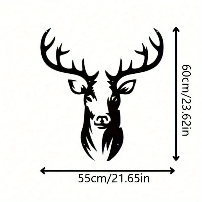 Black metal deer head wall sculpture featuring antlers and face.