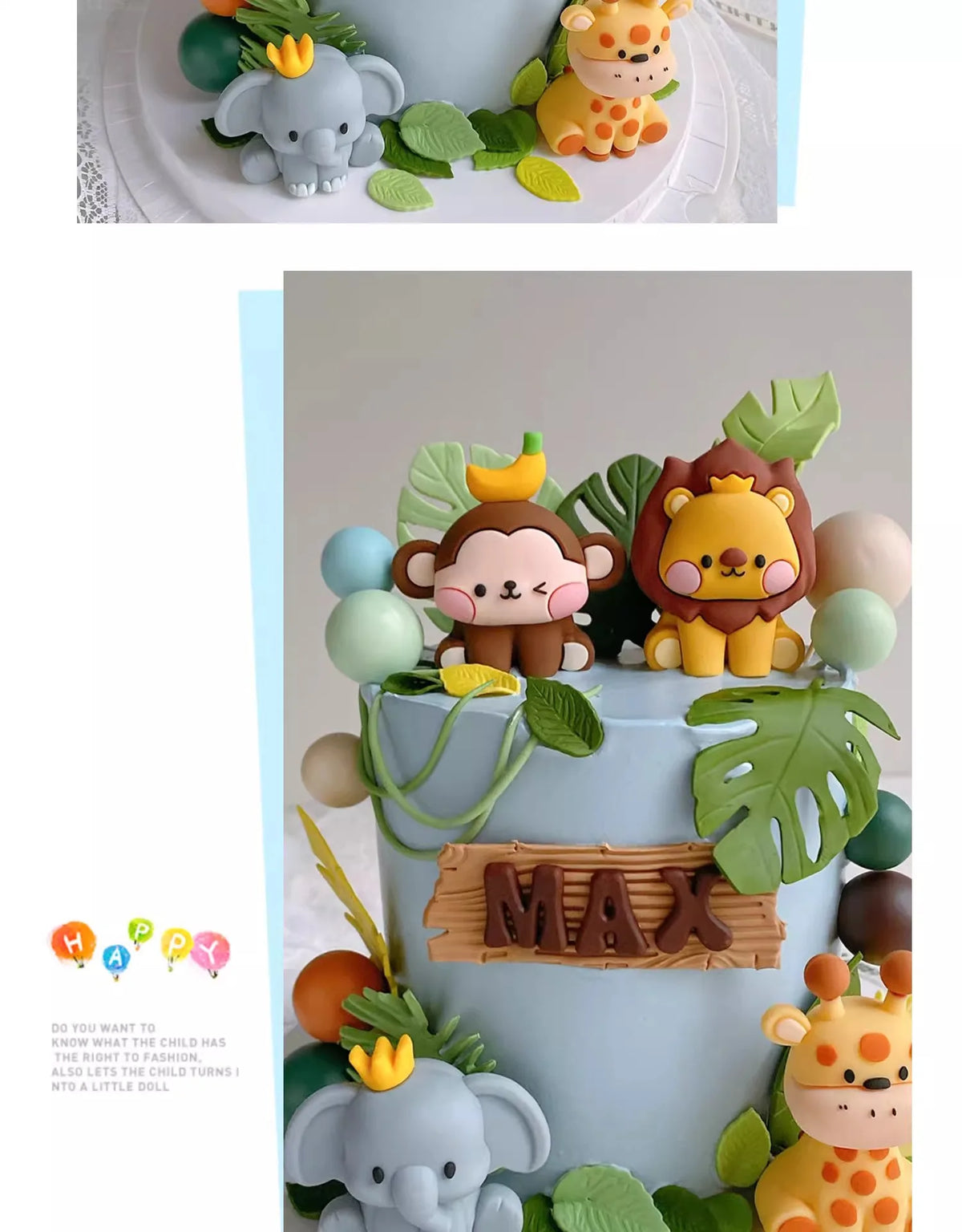 A tiered cake decorated with jungle animal toppers including a lion, elephant, and tiger in earthy tones.