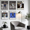 A gallery wall featuring three posters of Kylian Mbappé in soccer attire and portrait shots.