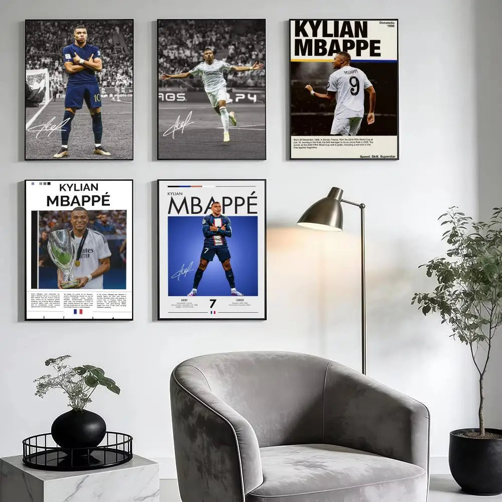 A gallery wall featuring three posters of Kylian Mbappé in soccer attire and portrait shots.