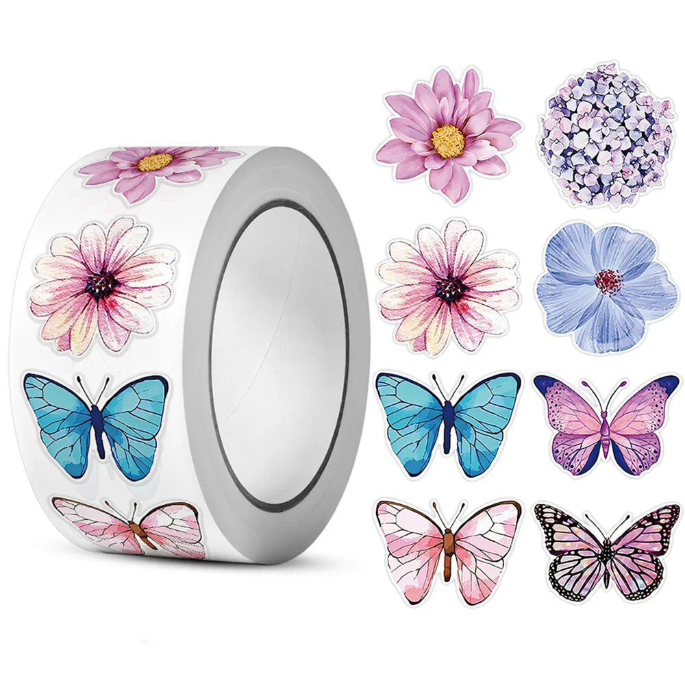 Un rouleau de autocollants colorés de papillons et de fleurs pour loisirs créatifs et décoration.