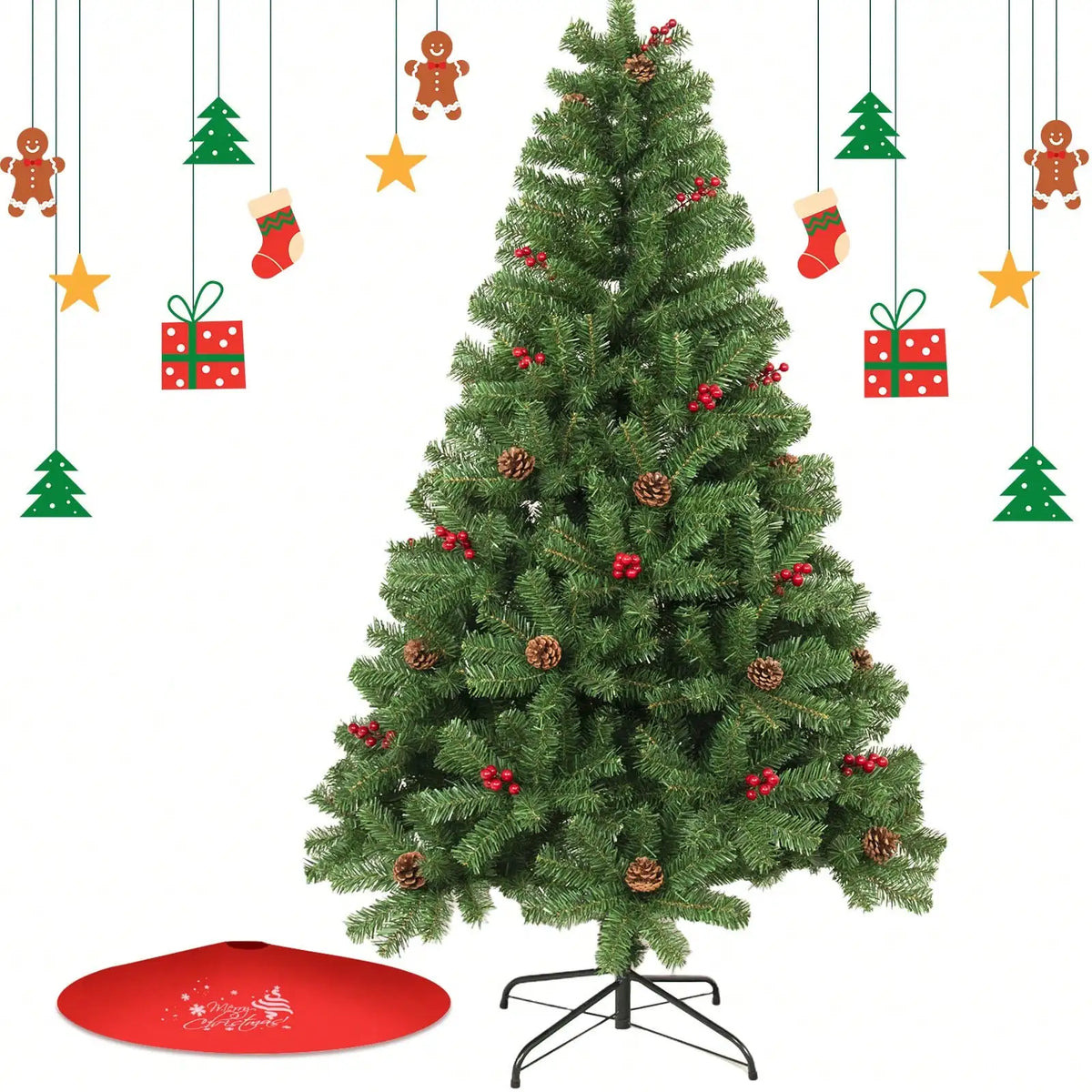 A realistic green artificial Christmas tree decorated with ornaments and gifts, standing on a black metal folding stand.