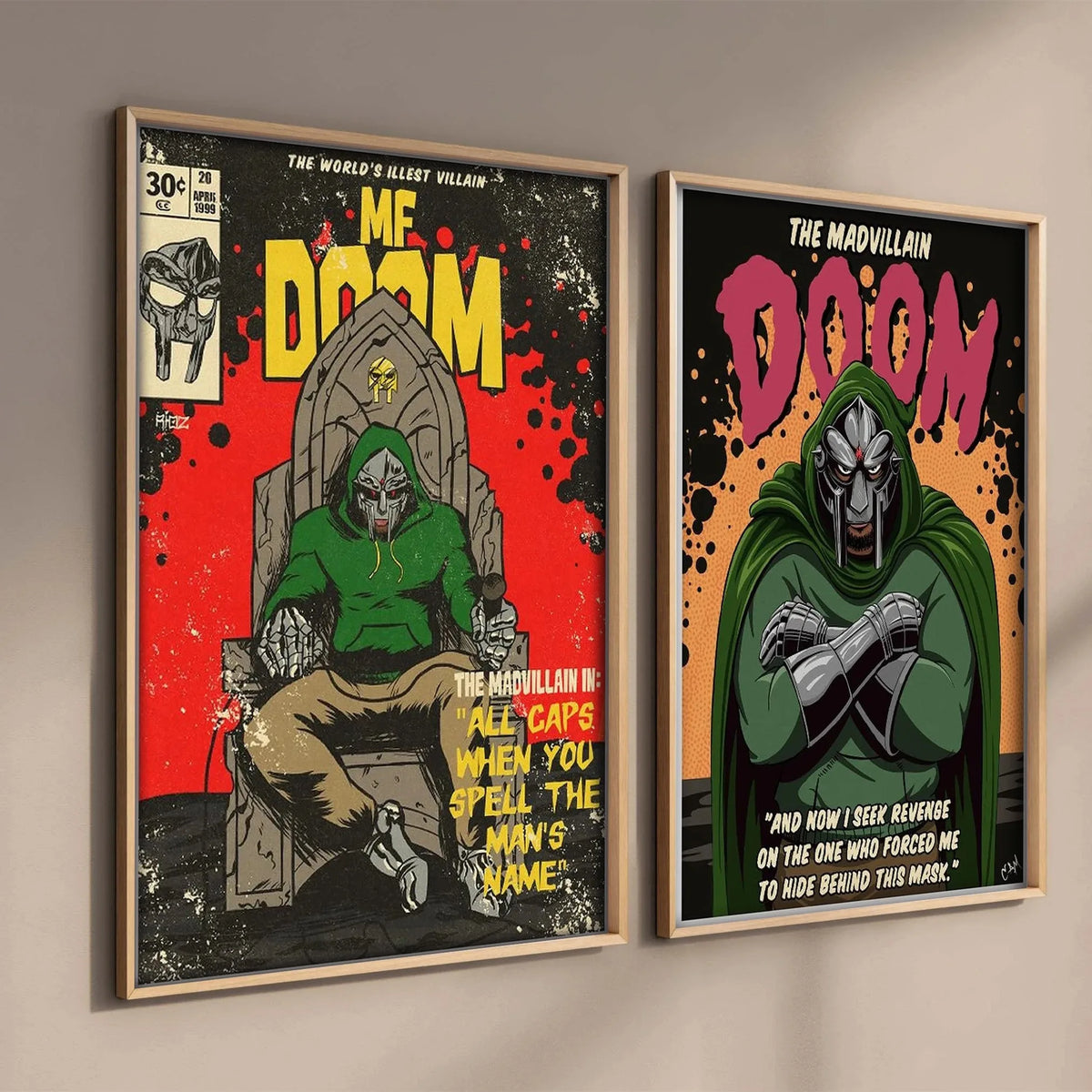A framed canvas art poster featuring a gritty illustration of MF DOOM with the title DOOM and text about The Madvillain