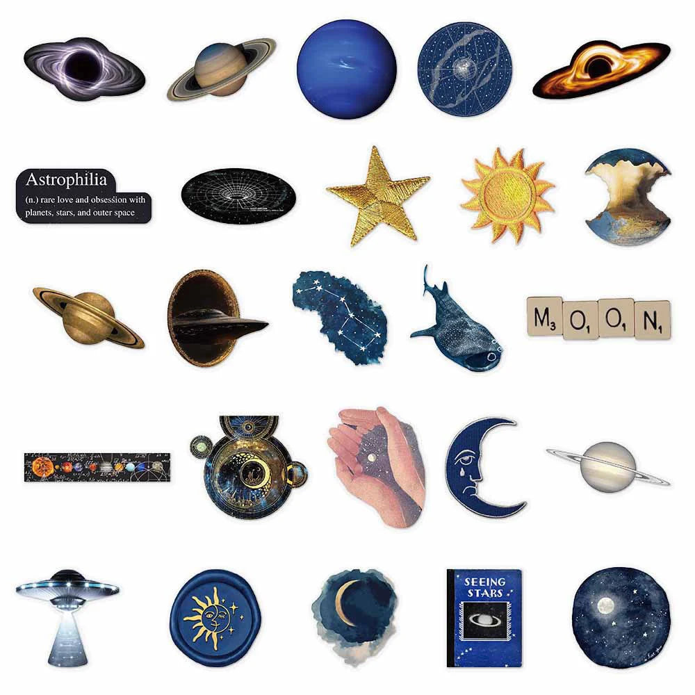 A collection of retro space astronomy decals featuring planets, stars, moons, and celestial bodies.