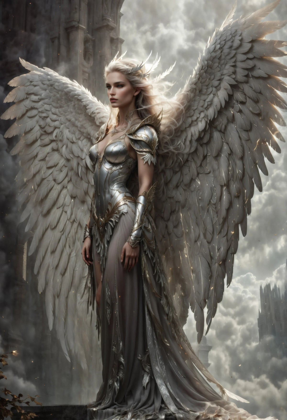 Eine weibliche Figur mit großen gefiederten Flügeln in einem silbernen Kleid steht vor einem bewölkten Himmel.