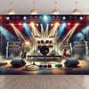 A stage backdrop featuring musical instruments, lighting, and a rock band scene for a music venue.