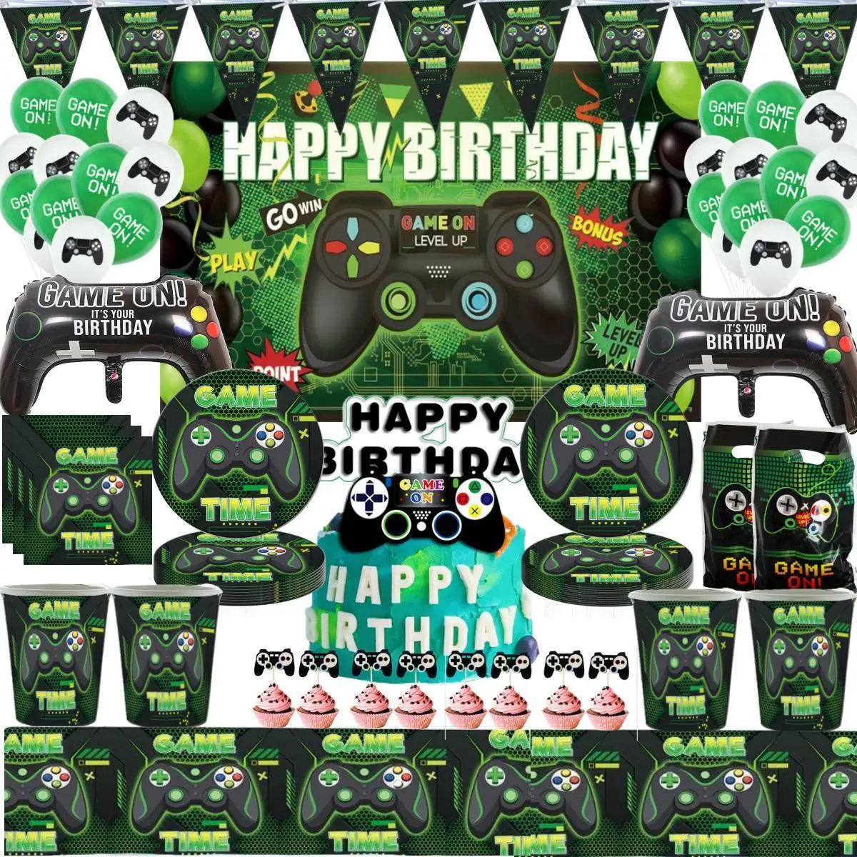 Green Video Game Birthday Party Supplies Kit with Gamepad Balloons