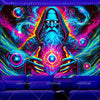 A vibrant, glowing tapestry featuring a bearded figure with blue hair and intense purple and cyan light effects.