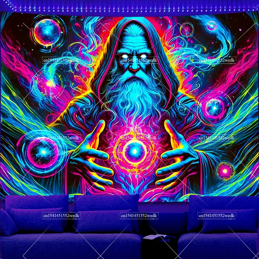 A vibrant, glowing tapestry featuring a bearded figure with blue hair and intense purple and cyan light effects.