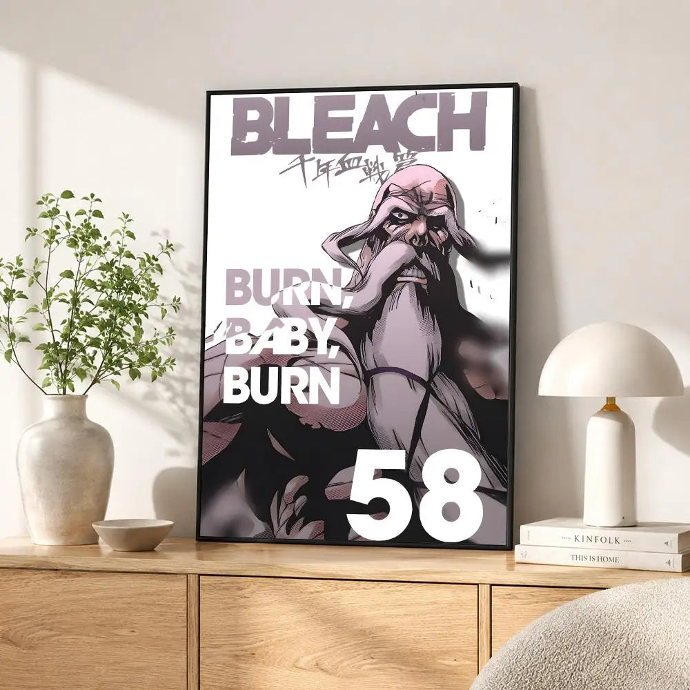 A vertical poster featuring a stylized character and the text BLEACH BURN BABY BURN and the number 58.