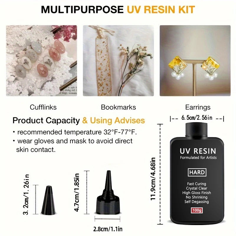 A kit of UV resin for jewelry making showing cufflinks, bookmarks, and earrings alongside the liquid resin bottle.