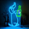 A neon sign shaped like a dachshund outline glows bright green against a dark background.
