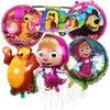 A set of inflatable balloons featuring characters from Masha and Bear, including bears and a girl.
