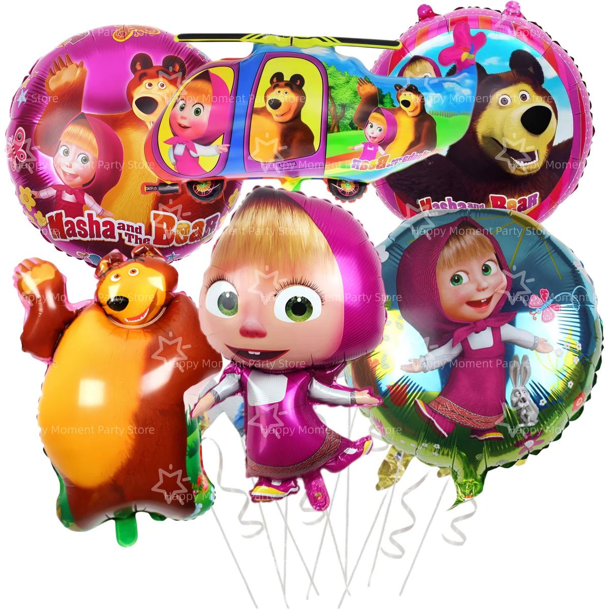 A set of inflatable balloons featuring characters from Masha and Bear, including bears and a girl.