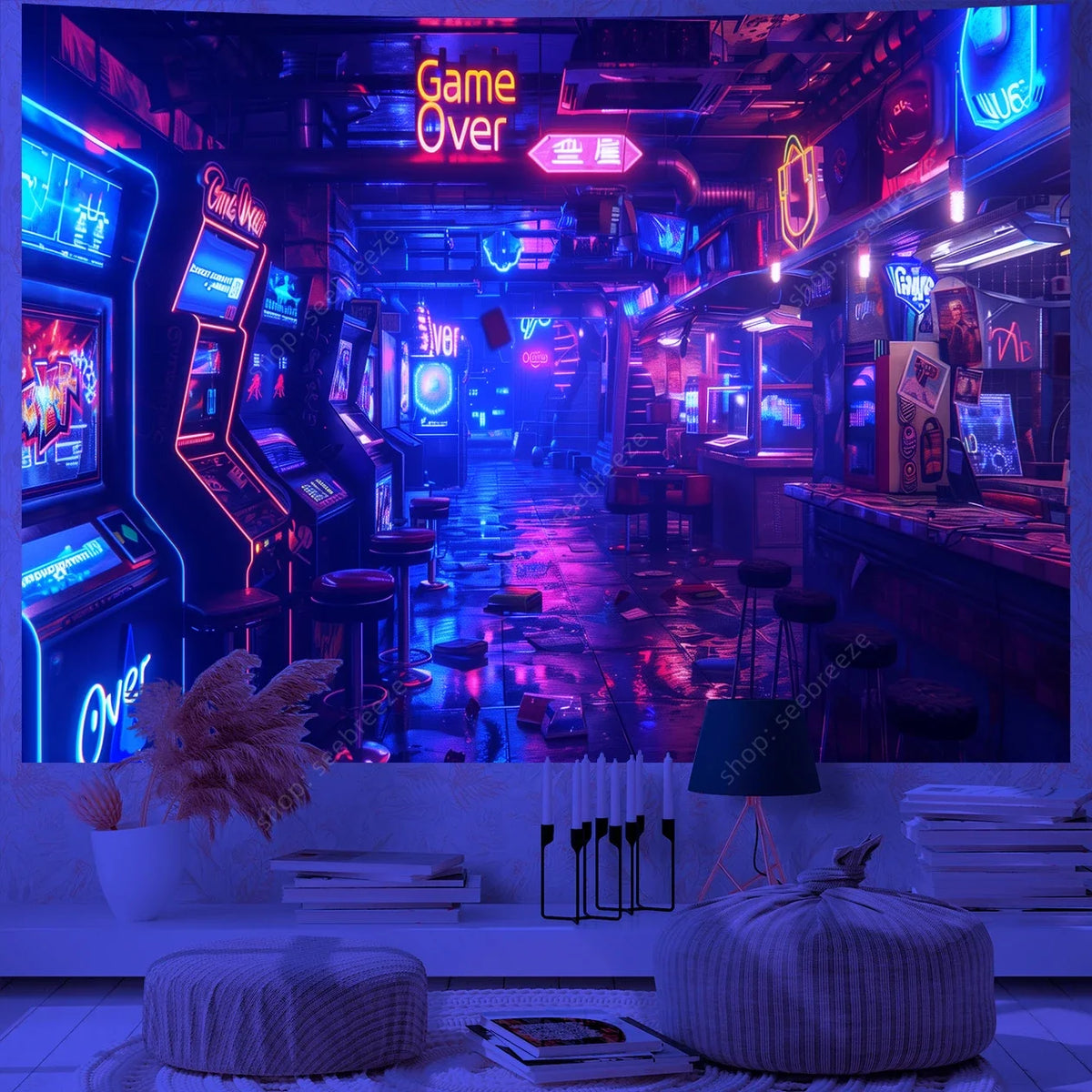 UV reactive game controller tapestry displayed in a dark gaming room setting