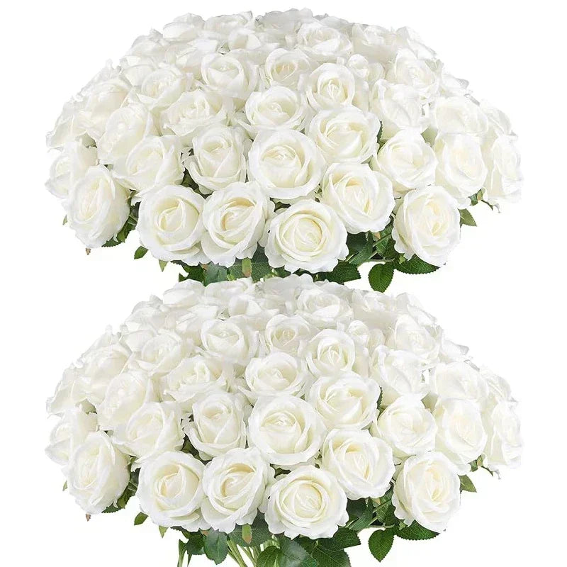 A large bouquet of white artificial silk roses.