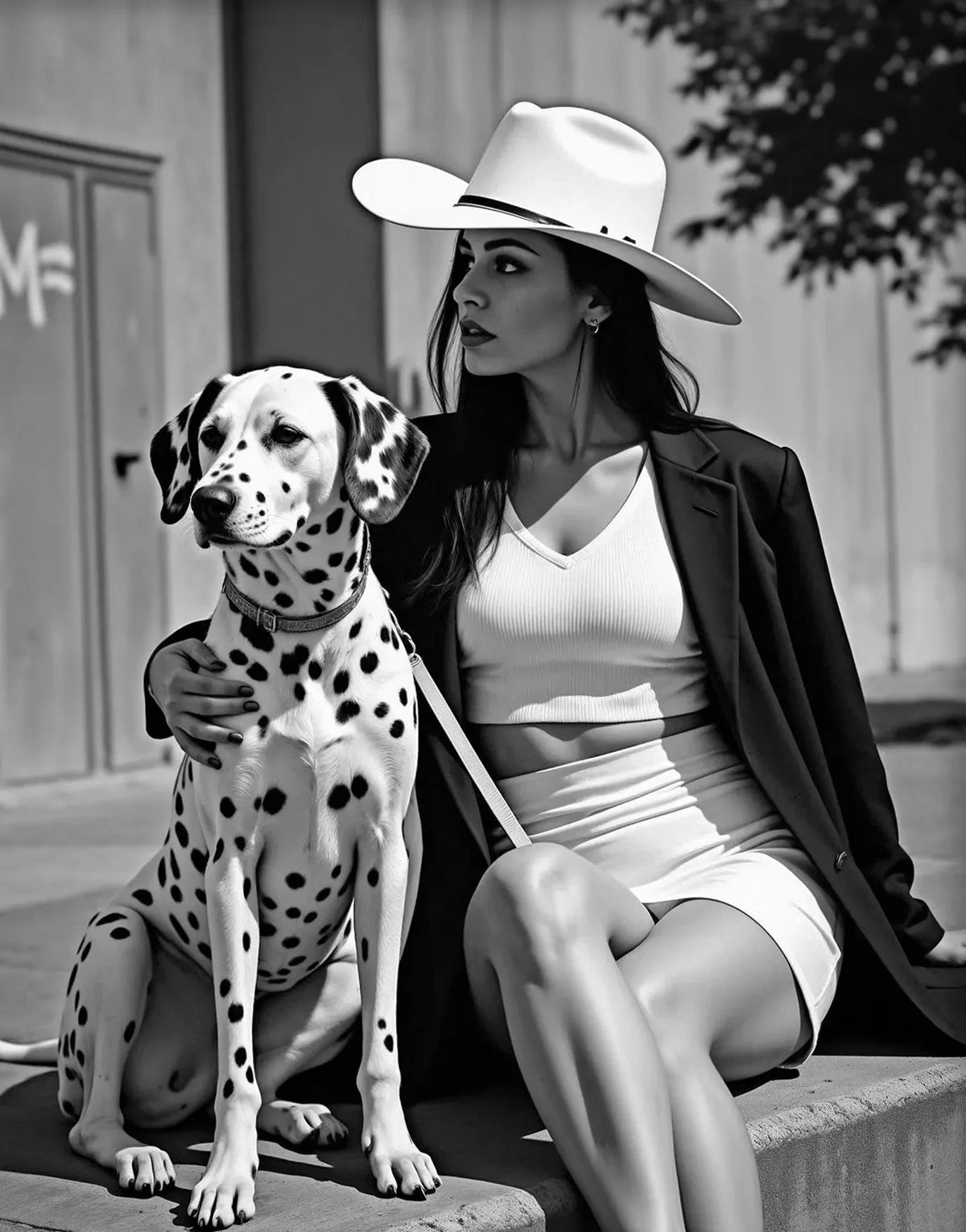A woman wearing a wide-brimmed hat sits next to a dog, posing for a black and white art print photograph.