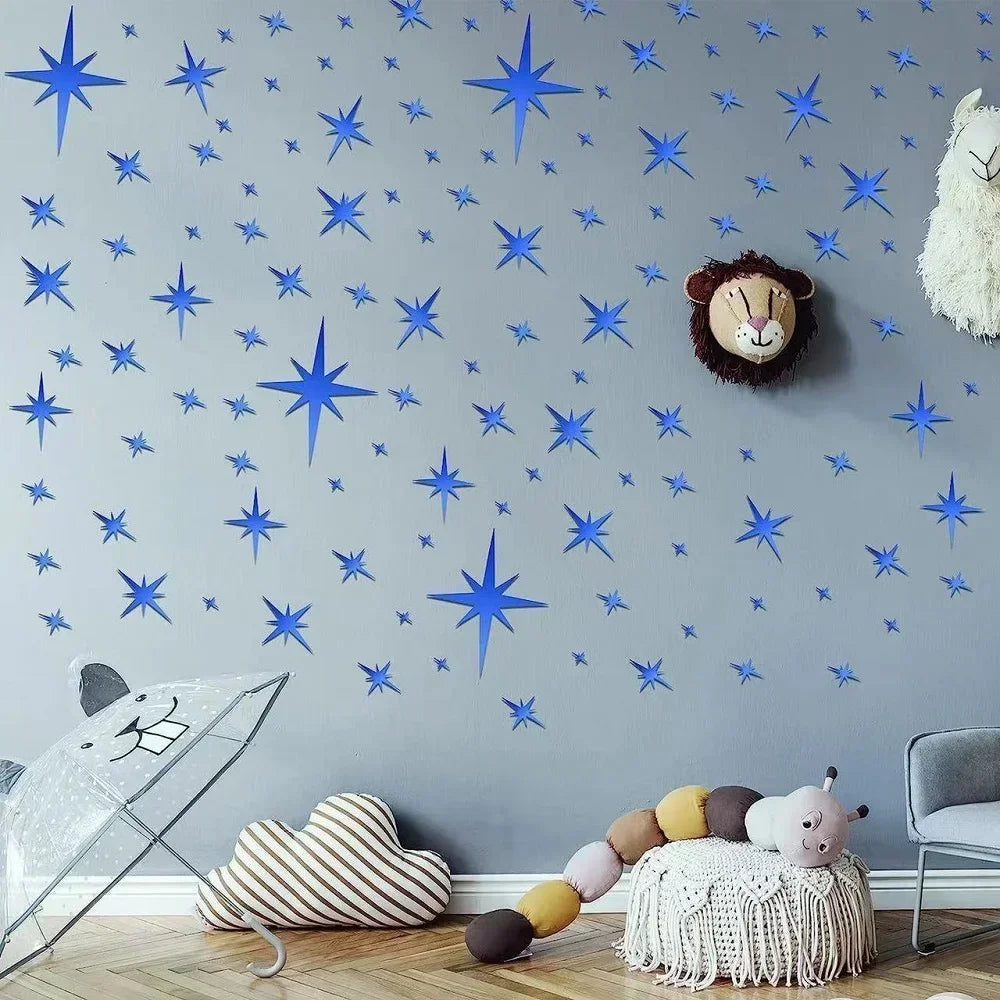Blue star shaped acrylic mirror wall stickers decorating a gray wall with a lion face