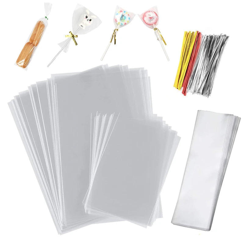 Clear cellophane treat bags with wire ties and a wooden stick shown next to the bags.
