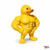 A yellow figurine of a muscular duck with orange beak and eyes.