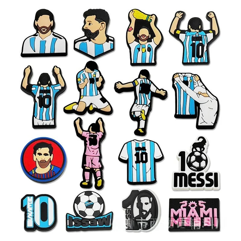 A collection of cartoon football shoe charms featuring various players and numbers.